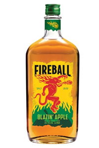 Bottle of Fireball Blazin' Apple whiskey with a fiery logo.