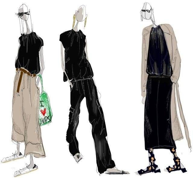 illustrated flat lays of clothing from tibi and accessories from other designers