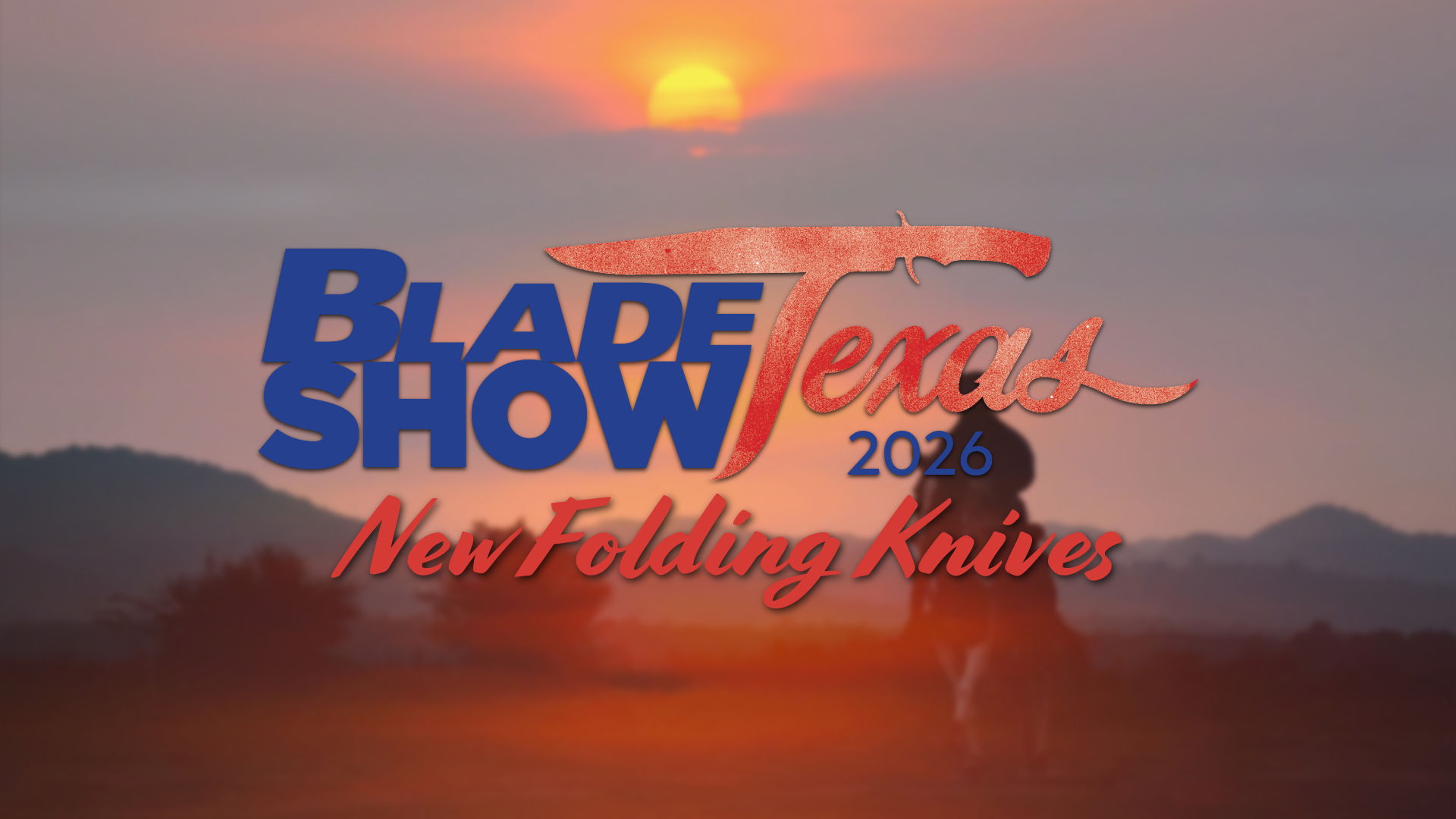 Blade Show Texas 2023, featuring new folding knives against a sunset backdrop.