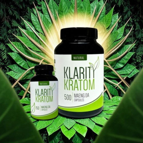 Klarity Kratom supplement bottles with green leaf background.