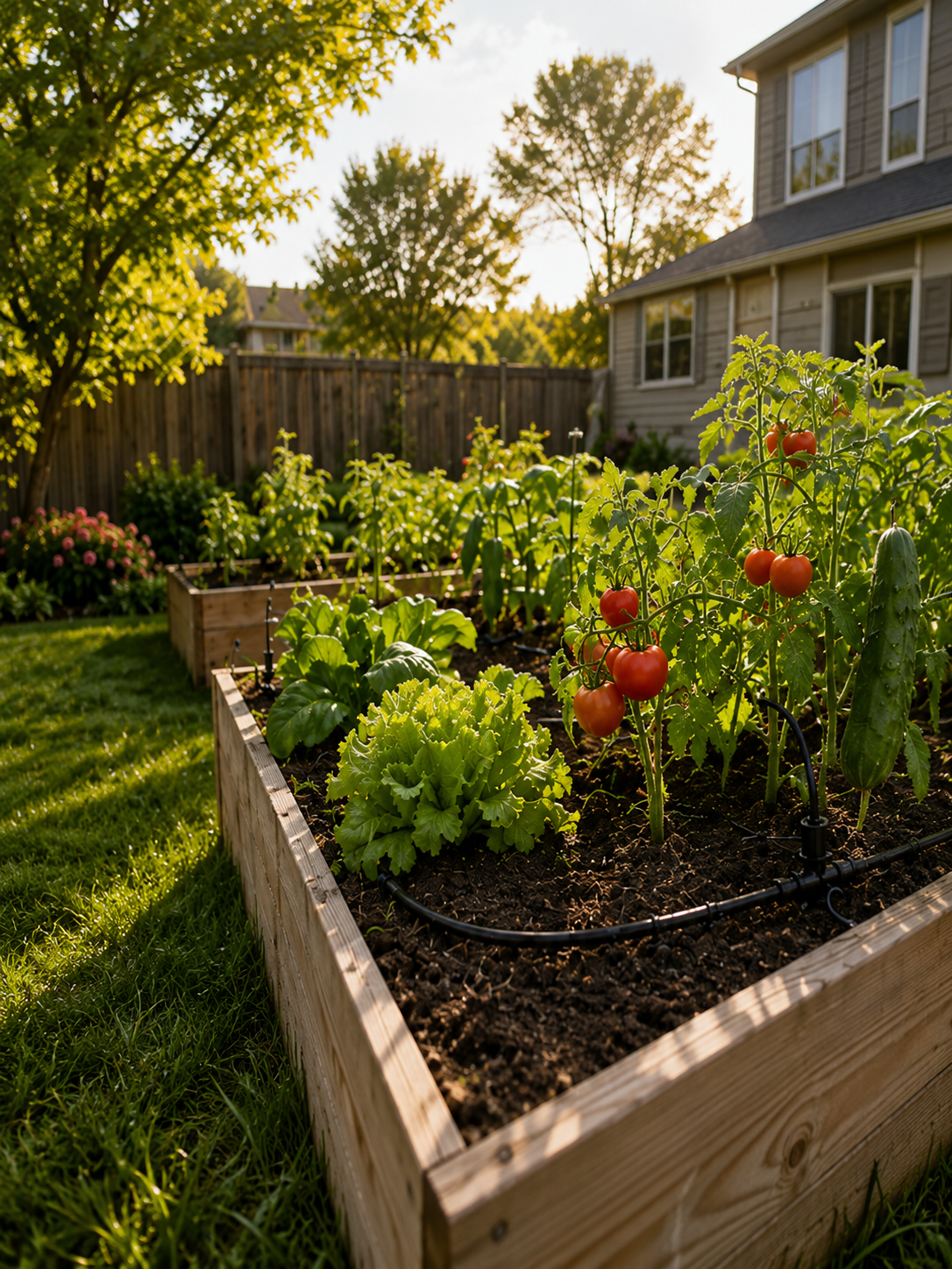 A lush vegetable garden with tomatoes and lettuce in raised wooden beds.