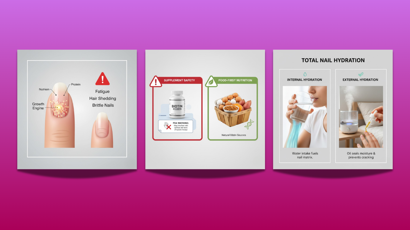 Illustration highlighting nutrition and nail health, showing protein-rich foods, hydration, and vitamins that support strong, healthy nails and prevent brittleness or peeling