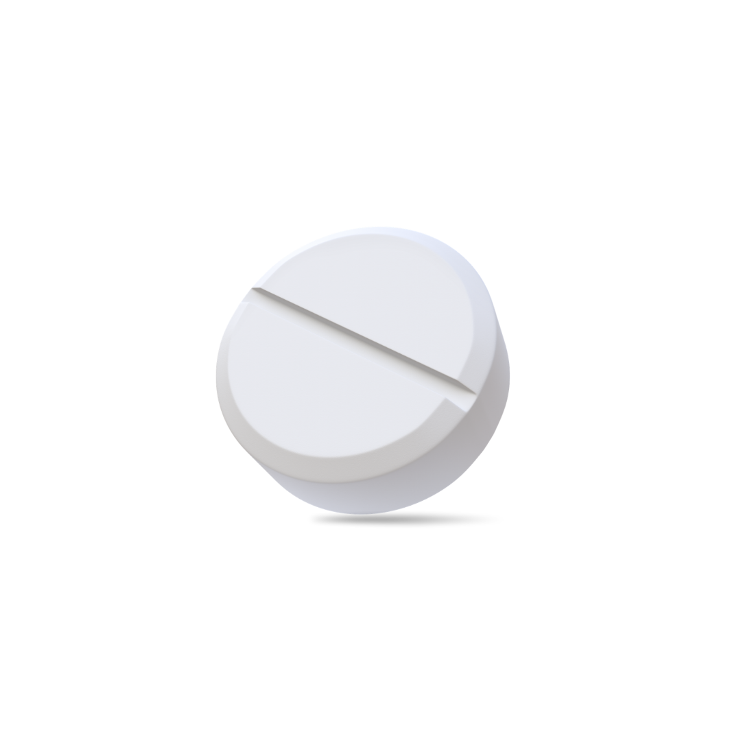 White round pill with a scored line in the center.