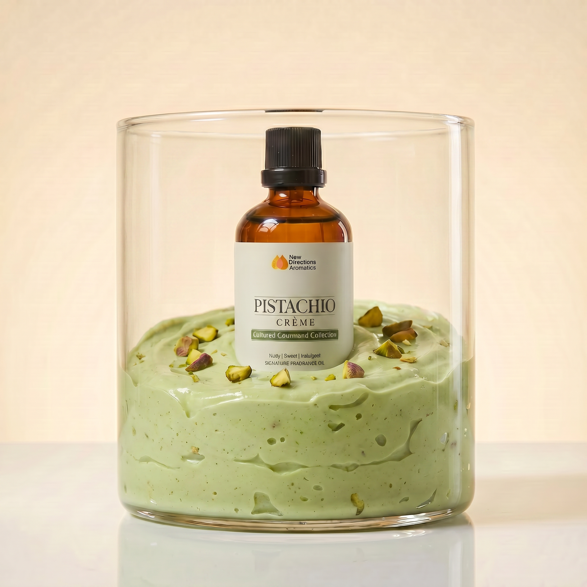 Green cream with a bottle in a clear glass container.