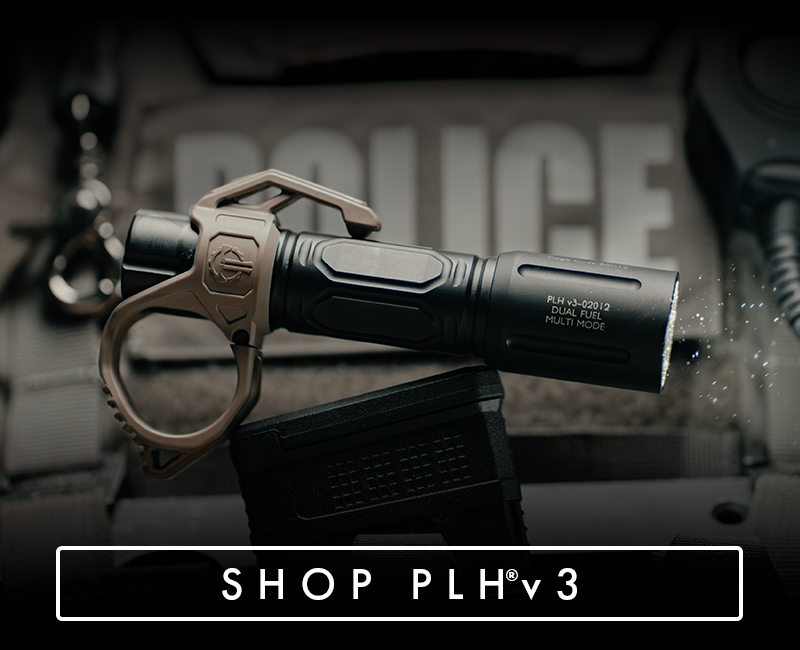 Flashlight with keyring on tactical gear background, promoting PLHv3 model.