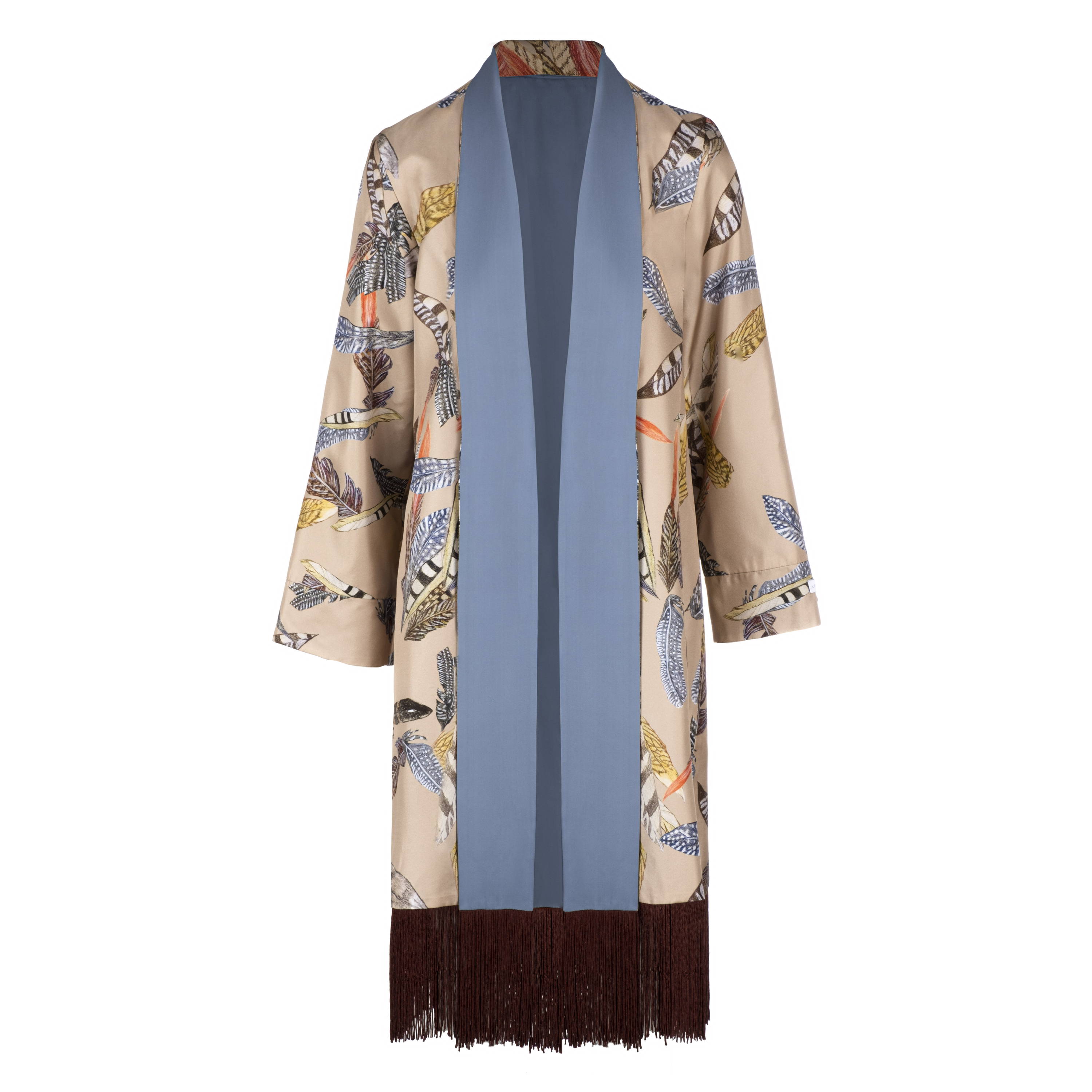 Flat image of. a feather printed silk jacket by Ala von Auersperg
