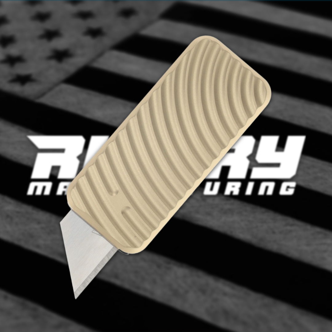 A beige utility knife on a black and white background with text.