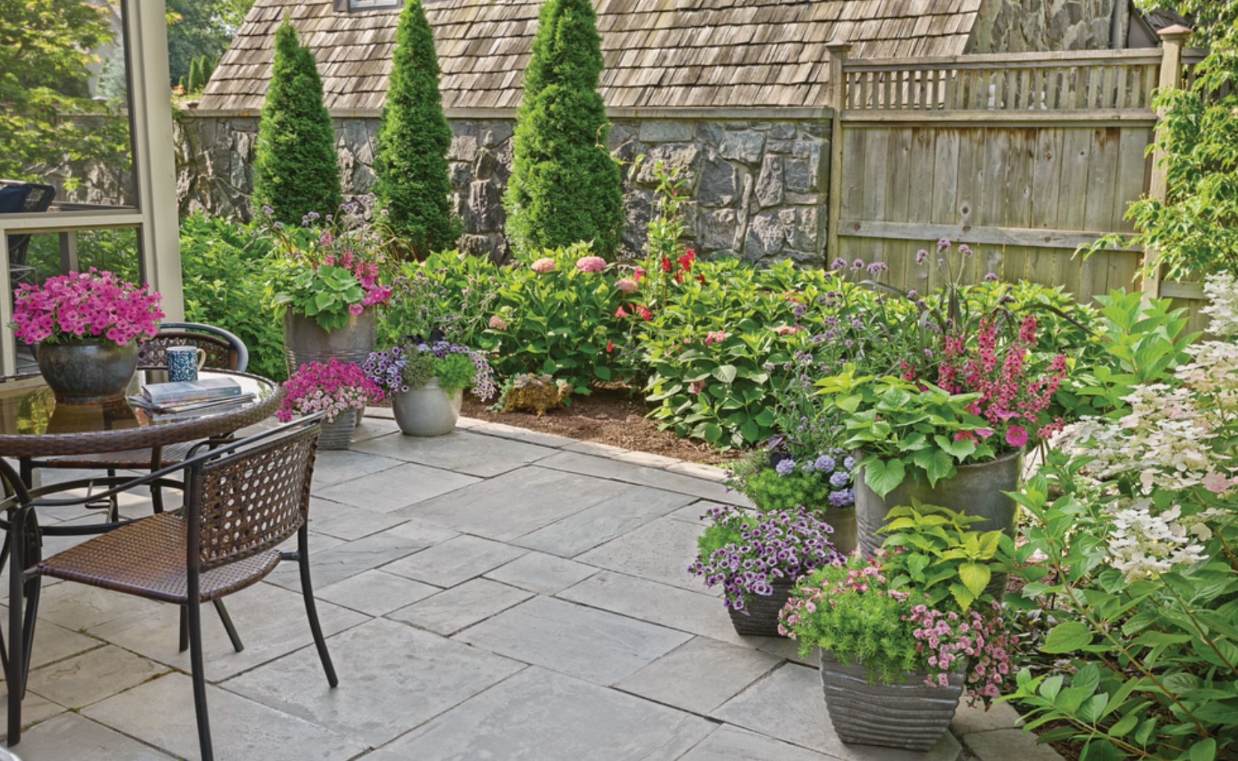 Small patio Supertunia Mini Vista® Hot Pink and other perennials and shrubs