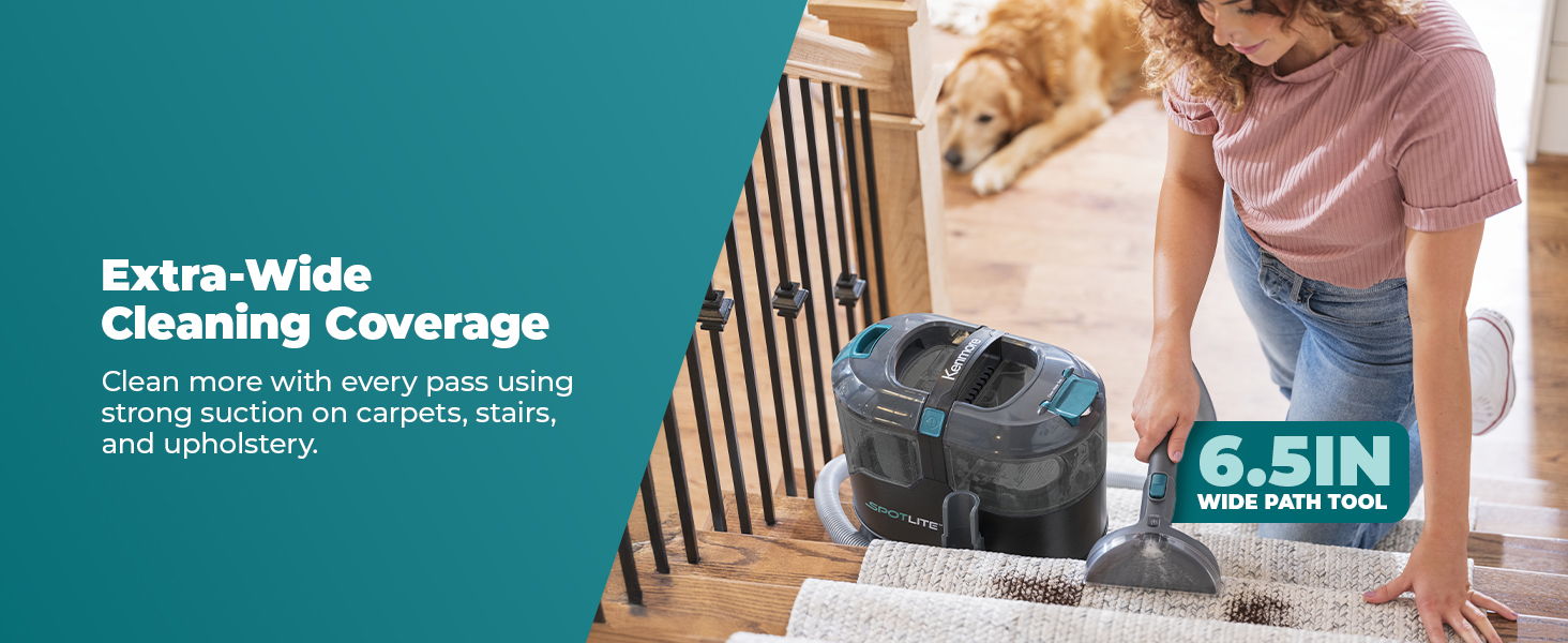 Person cleaning stairs with a vacuum, showcasing extra-wide cleaning coverage.