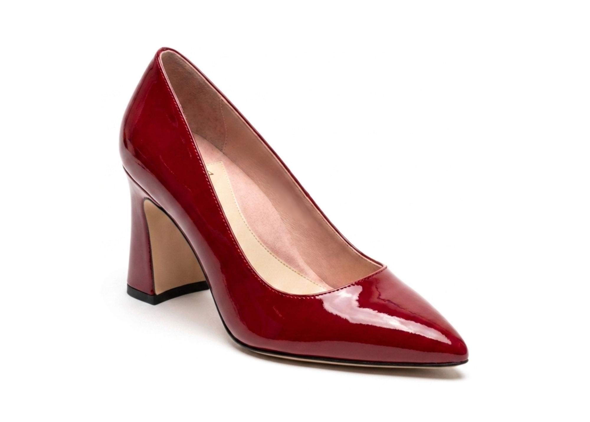 Red patent leather high-heeled shoe with a chunky heel.