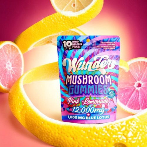 Colorful packaging of Wander Mushroom Gummies with pink lemonade flavor and lemons.