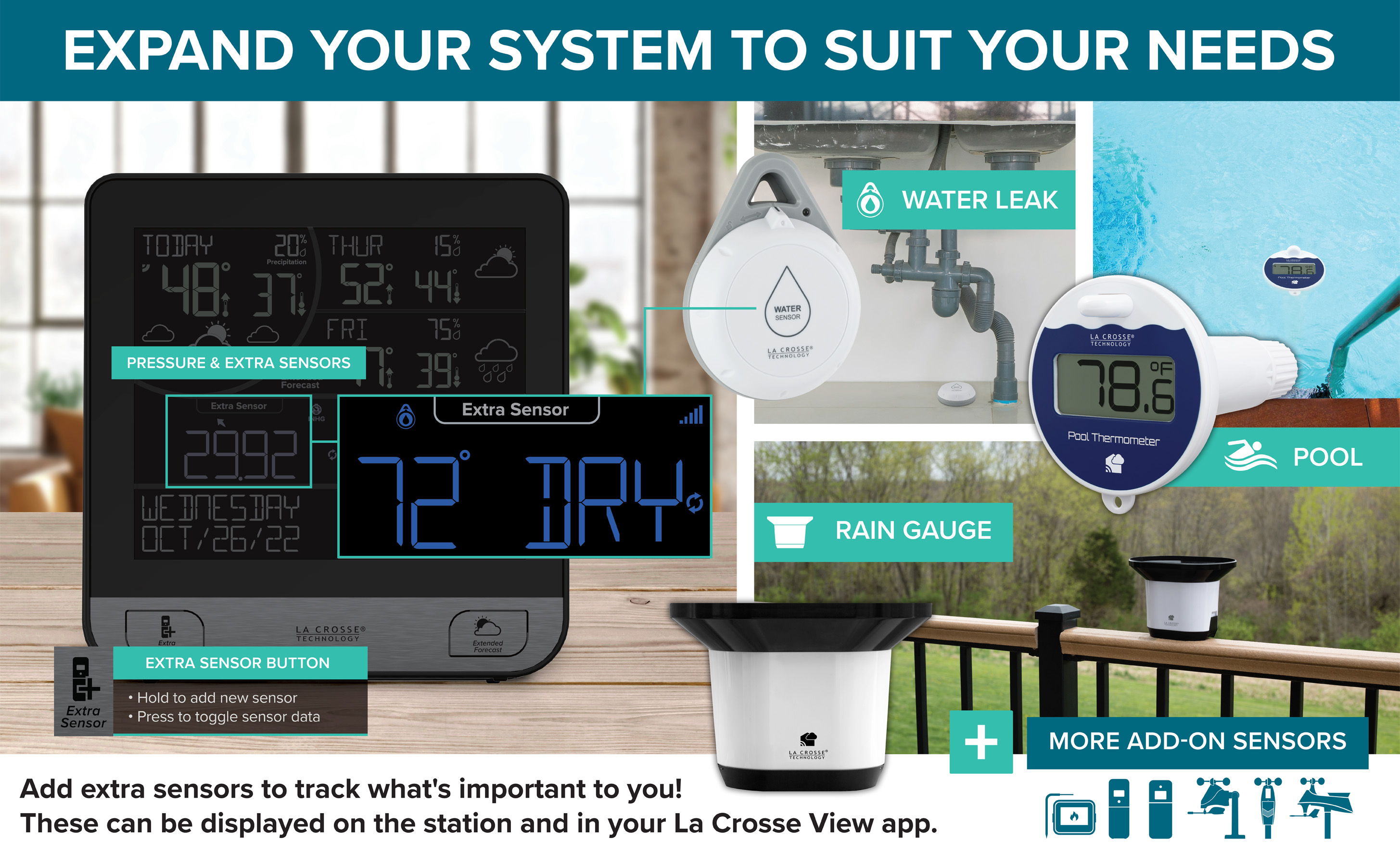 Image promoting add-on sensor options to display on the station and in the La Crosse View app. Sensors can include: Rain Gauges, Water Leak Sensors, Pool Sensors, and more!