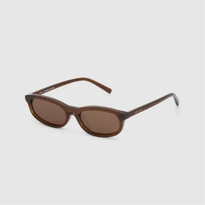 Brown rectangular sunglasses on a gray background.