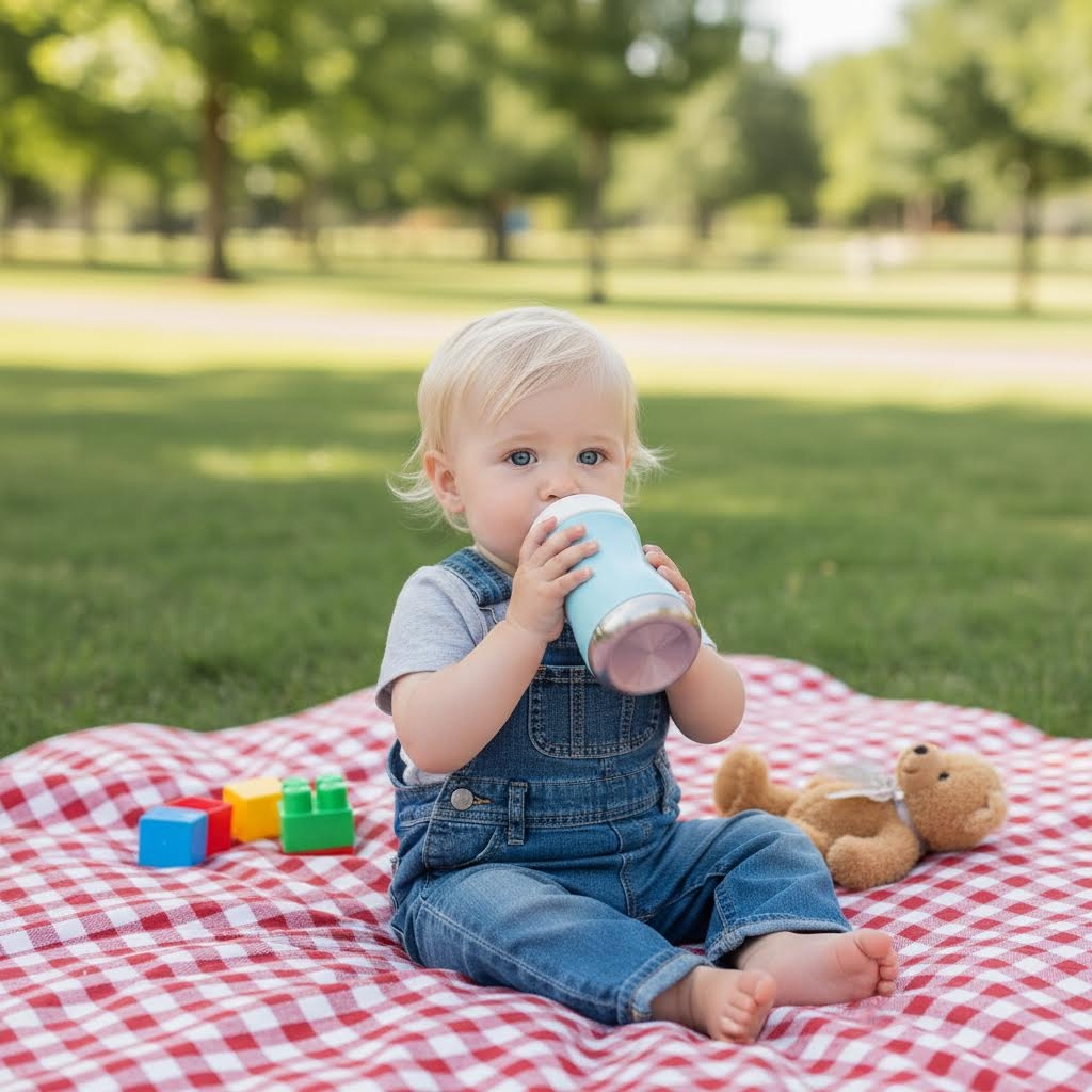A baby in overalls, sitting on a picnic blanket