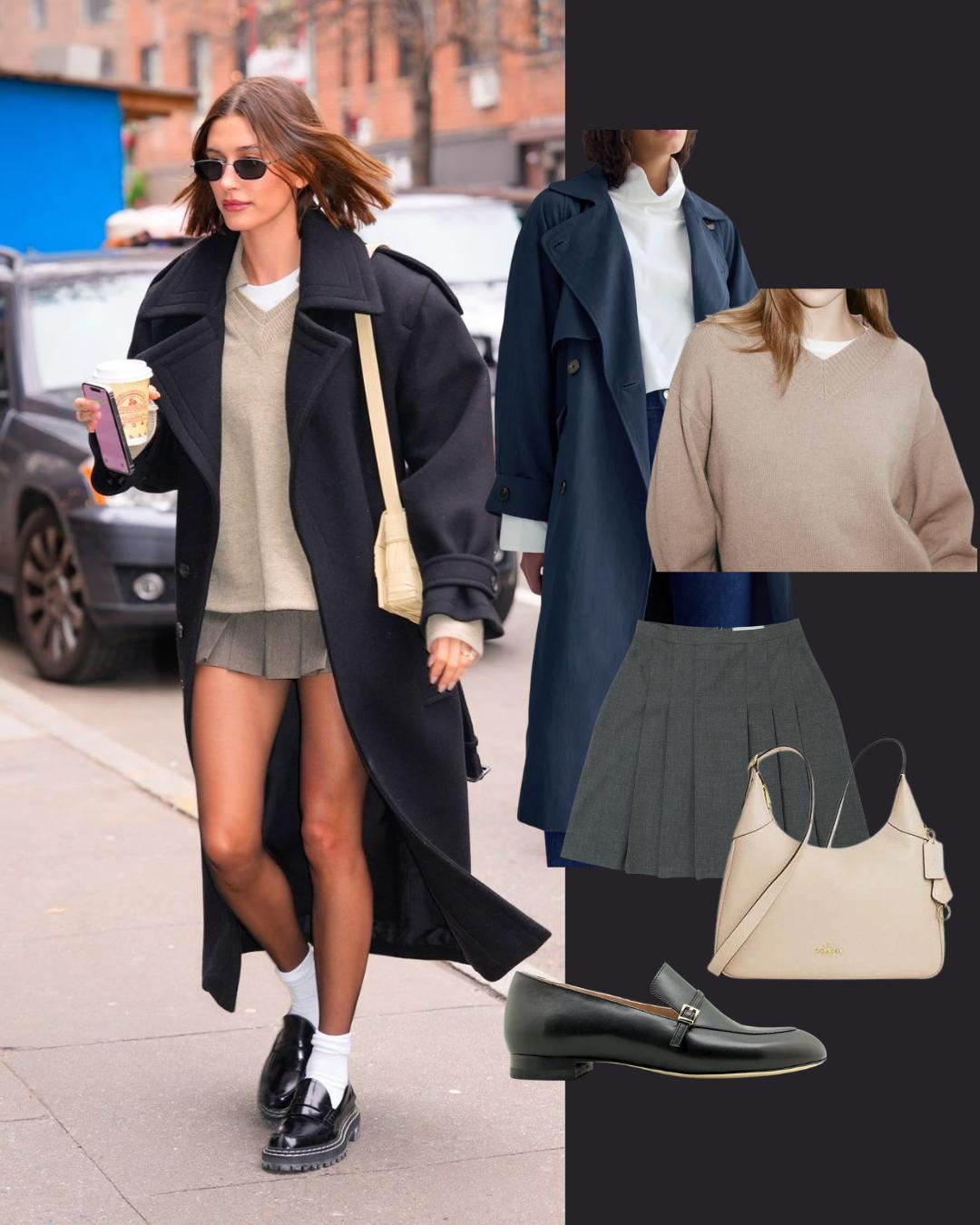 Woman in stylish outfit walking on street, showcasing fashion items.