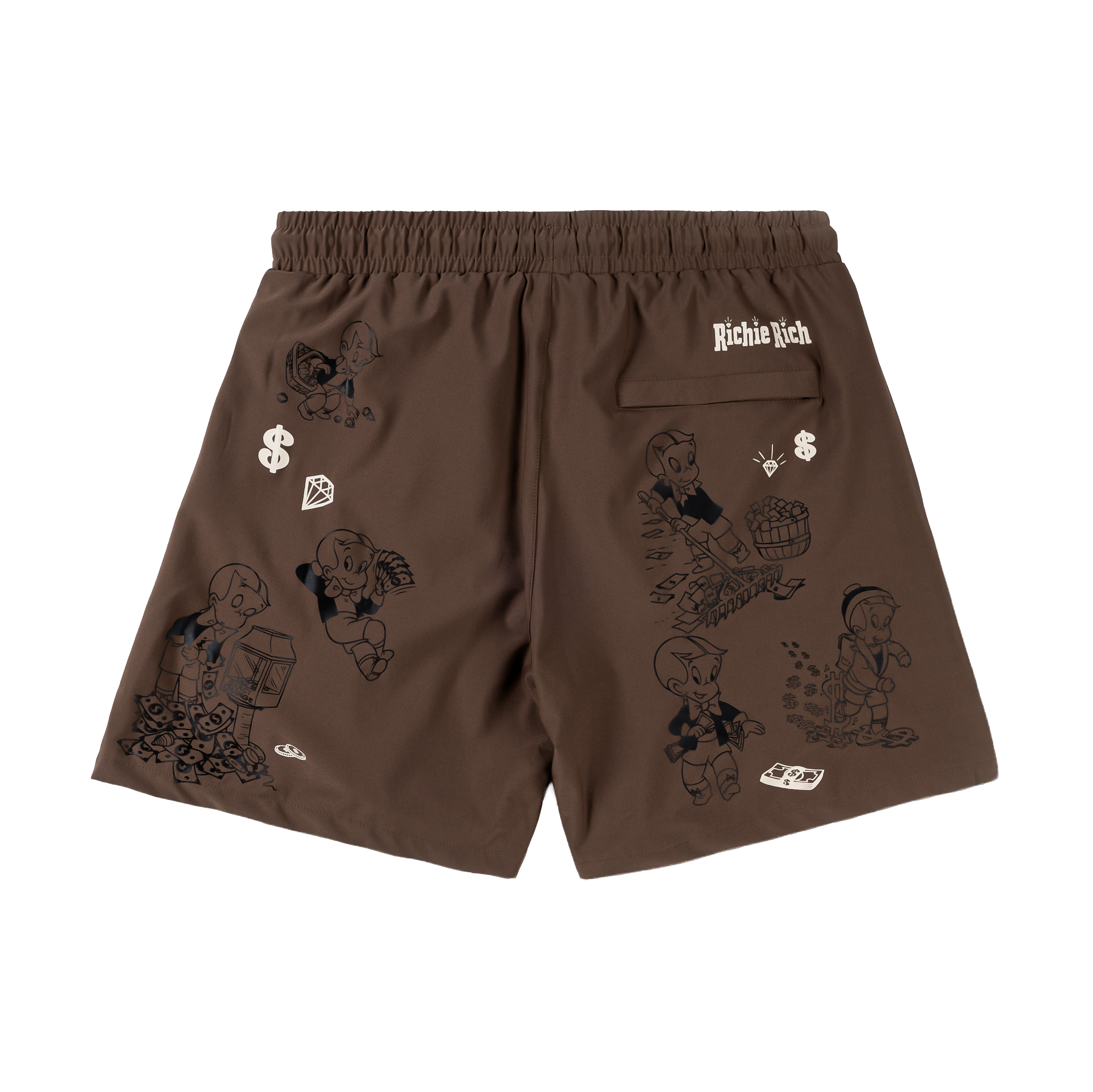 Brown swim shorts with graphic designs and 