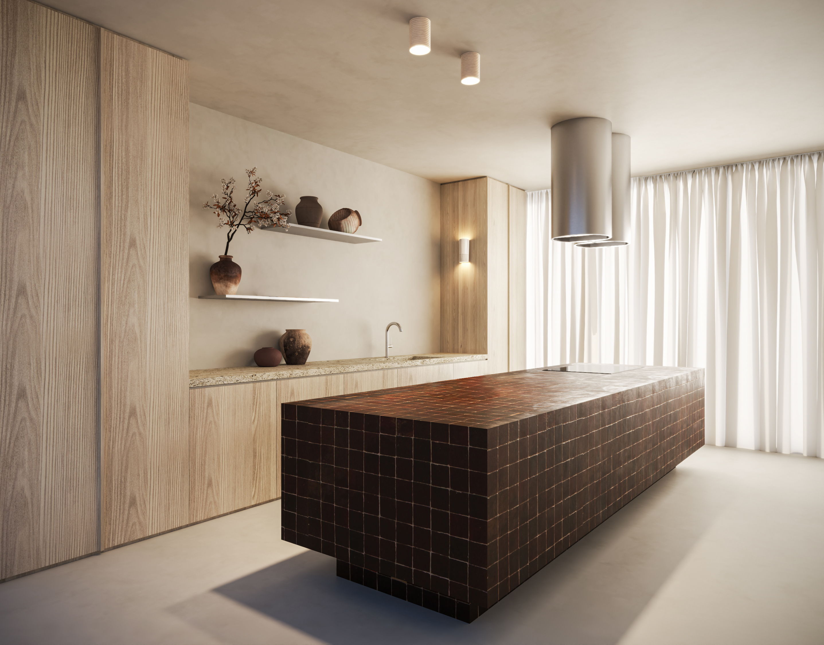 Wobbly dawn ceiling light above a kitchen island