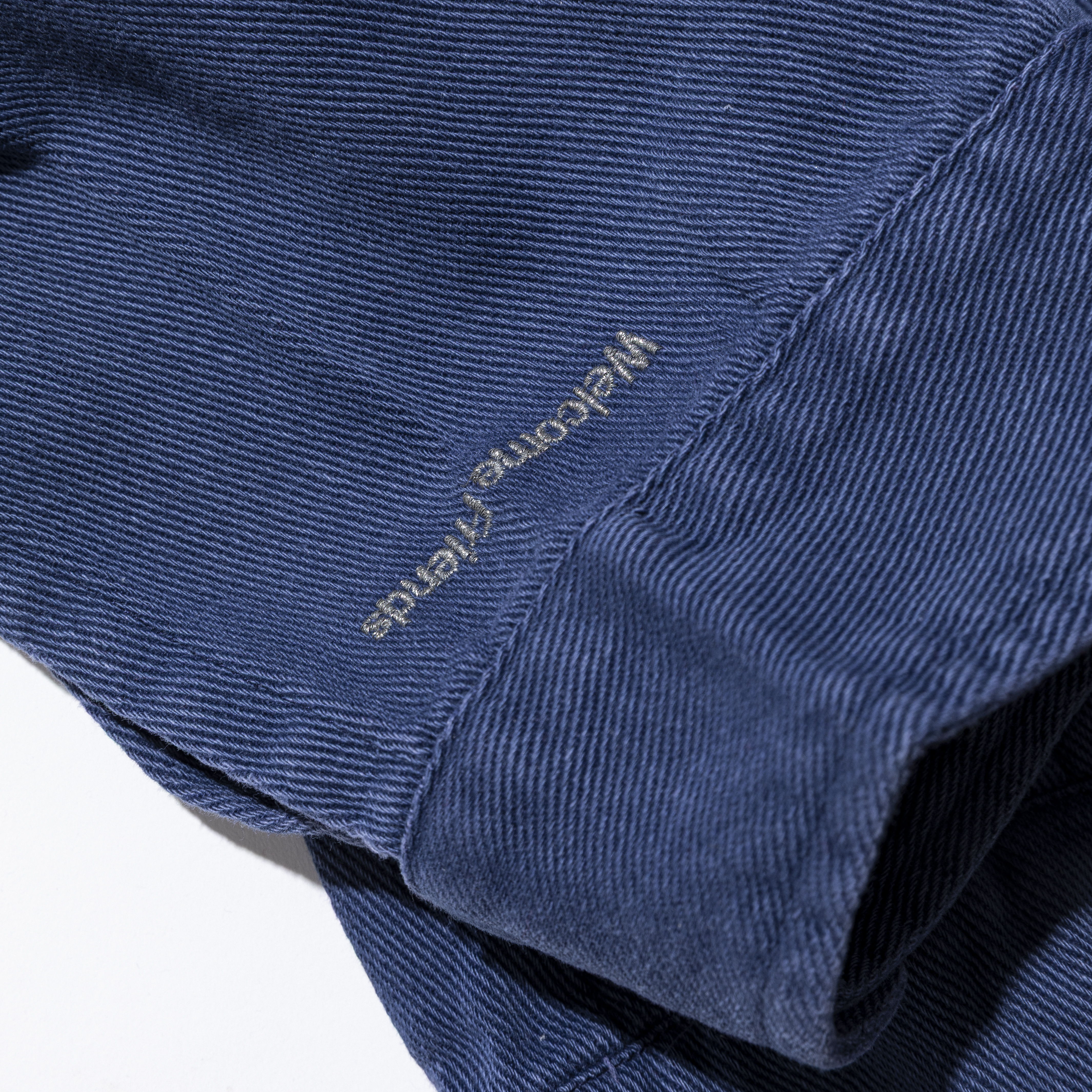 Blue fabric with the text 