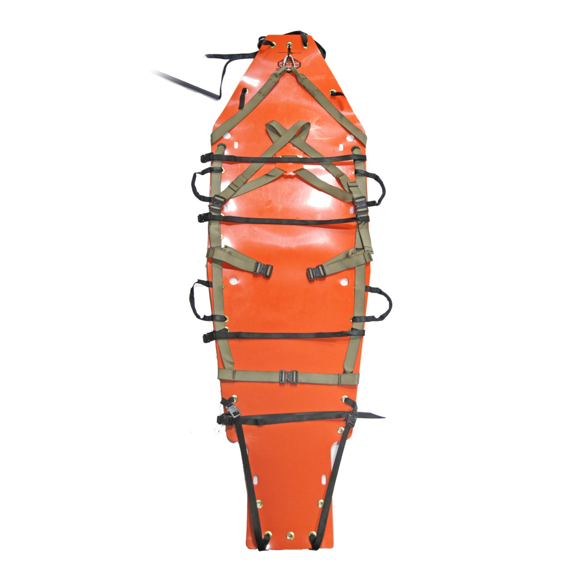 Orange rescue sled with straps for securing individuals.