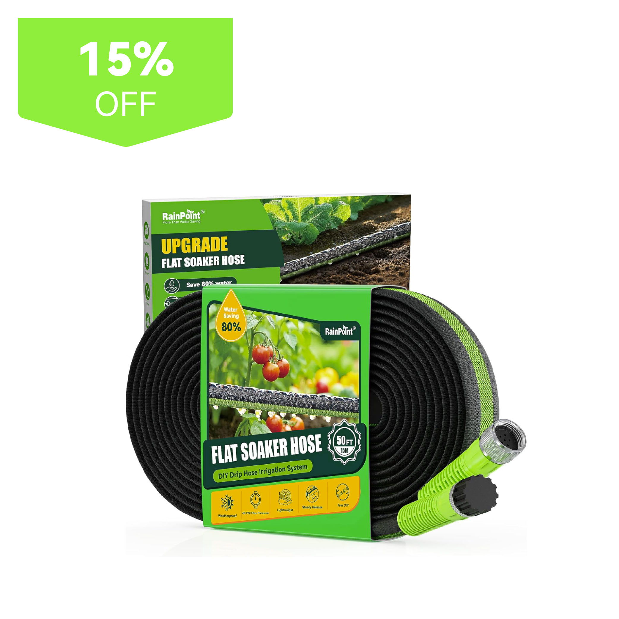 Flat soaker hose with packaging, labeled 15% off.