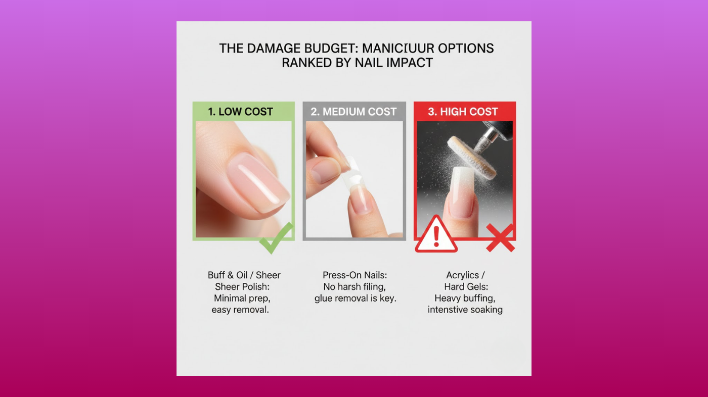Illustration showing clean, low-stress nail care options, including short wear cycles, minimal buffing, gentle cuticle care, hydration, and nail stickers for a healthy and polished look