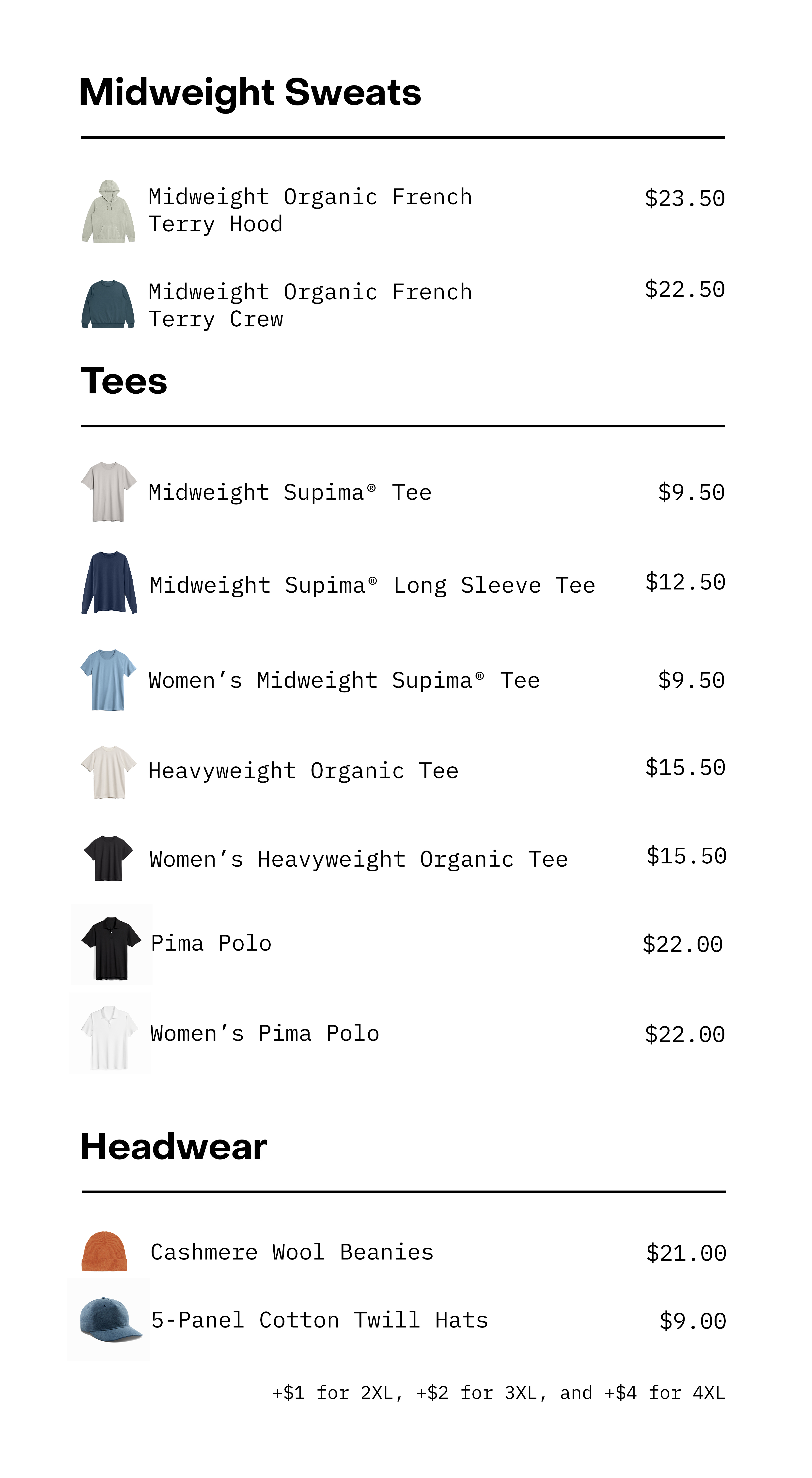 List of clothing items with prices and categories.