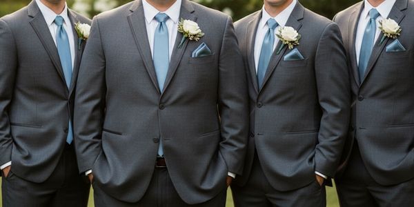 Groom and 3 groomsmen matching in steel blue ties and charcoal suits