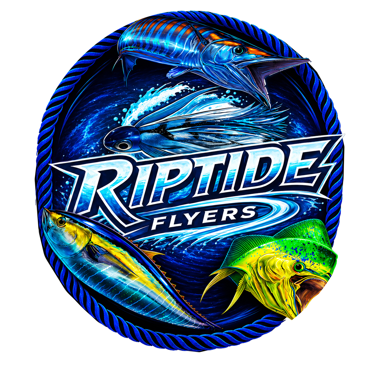 Riptide Flyers logo featuring a stylized offshore fishing lure with dynamic blue and silver details and bold text representing a premium saltwater trolling lure brand handcrafted in Florida.