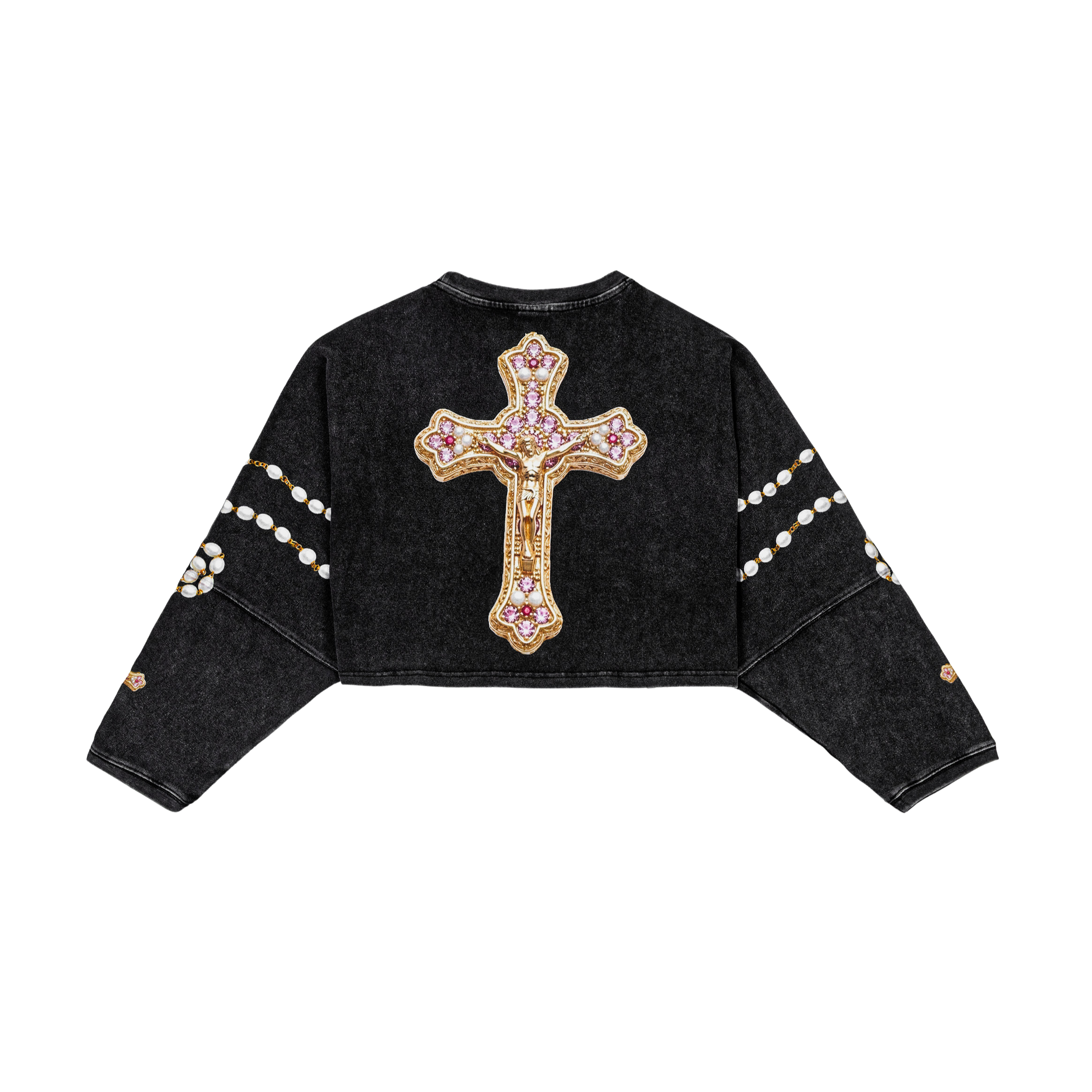 Black cropped sweatshirt with decorative beads and graphic text.
