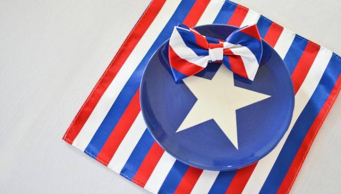 Red, white and blue striped bow tie and pocket square with star plate decor