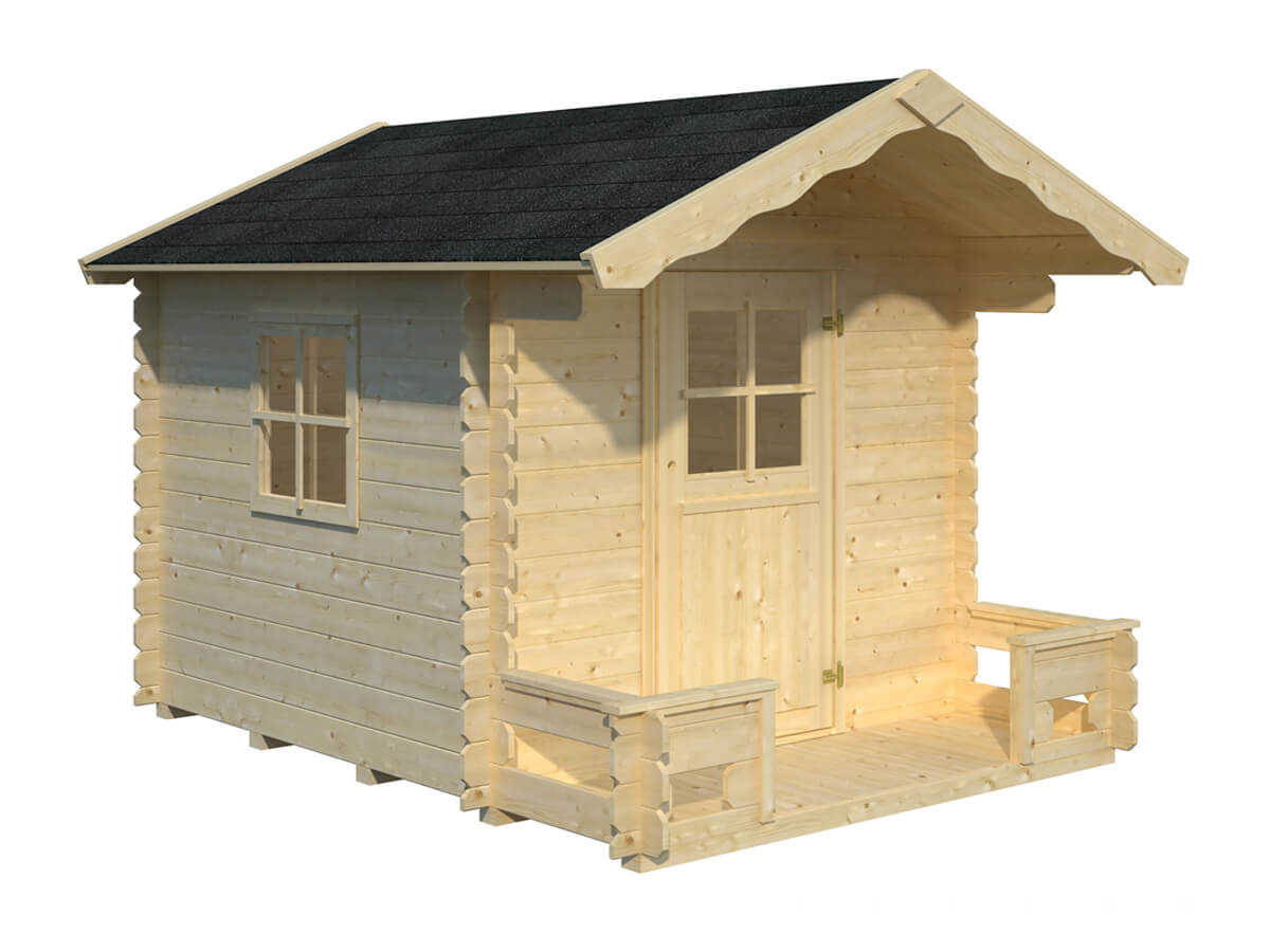 Outdoor Wooden DIY Playhouse Kit with wooden terrace by WholeWoodPlayhouses Smiling boy at the window of a white wooden playhouse with flower boxes by WholeWoodPlayhouses 