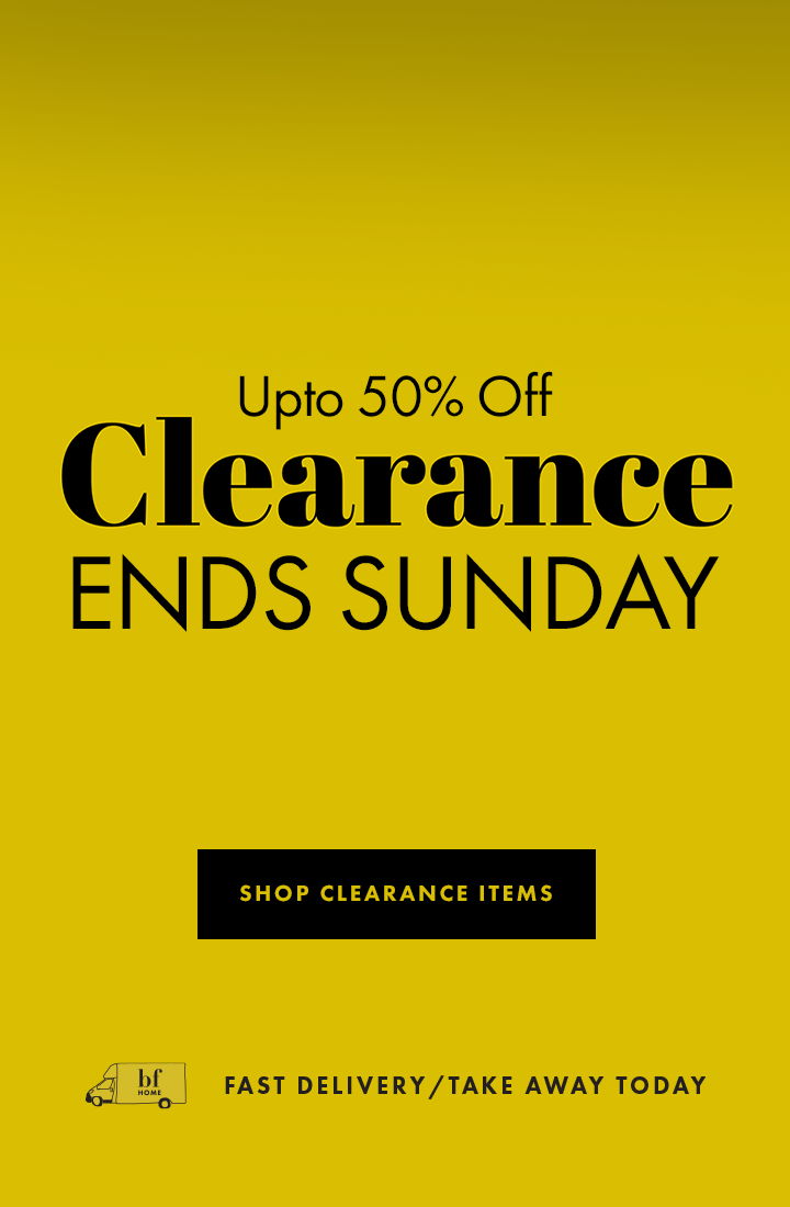 Yellow promotional poster for clearance sale, ending Sunday, with discount details.