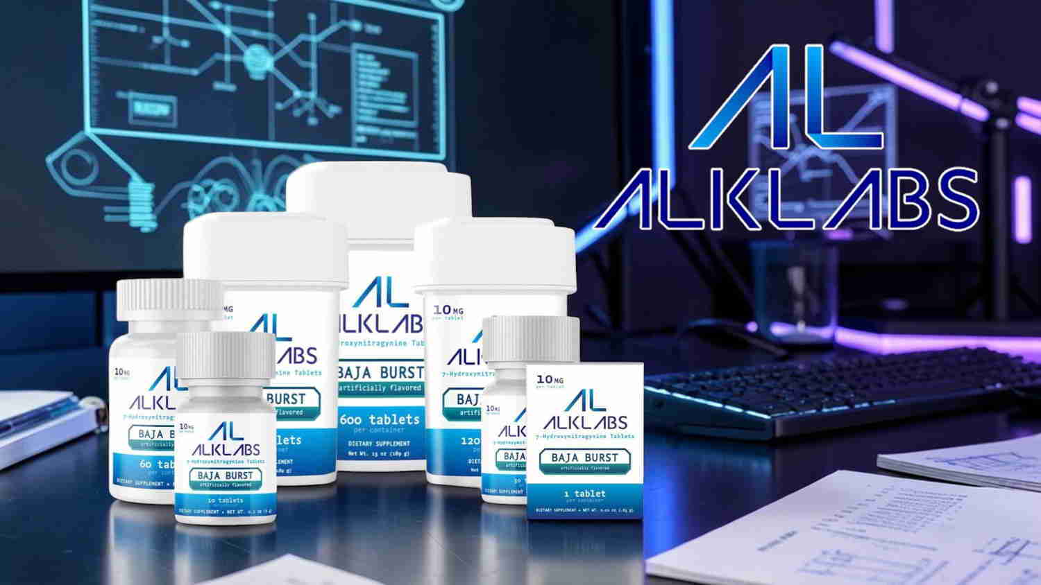 Product display of ALK Labs supplements on a modern, tech-inspired background.