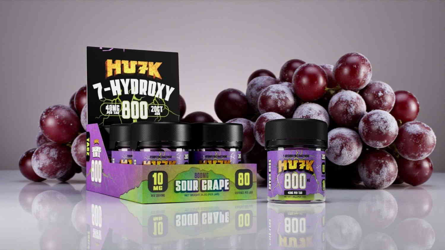 Product display of HULK 7-HYDROXY with grapes in the background.