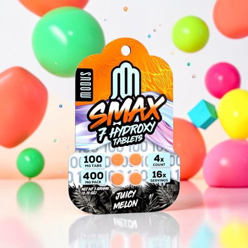 Packaging of SMAX 7 Hydroxy tablets with colorful background.