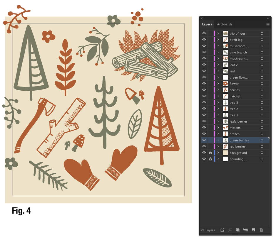 Figure 4 a square artboard with forest and camping motifs in Adobe Illustrator. To the right is the layers panel.