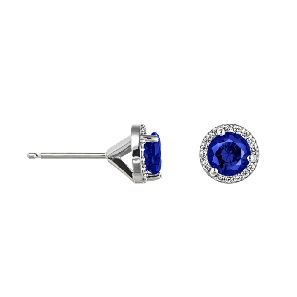 lab grown diamond halo stud earrings with lab grown blue sapphire gemstones by MiaDonna
