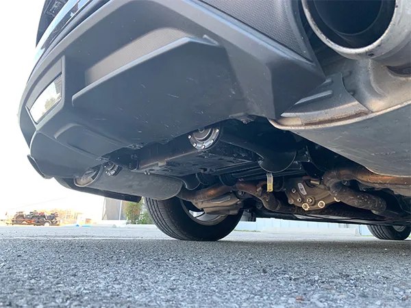 Wide shot of finished Conductor's Special 244 Nightmare Edition train horn kit install on Justin's 2018 Ford Mustang Ecoboost HornBlasters gallery photo 4