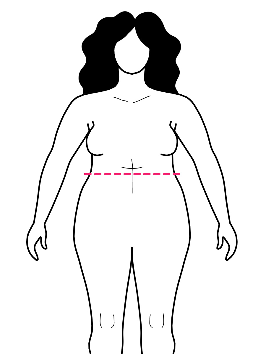 Graphic of a woman showing where to measure to find your waist measurement