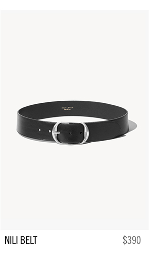 Black leather belt with silver buckle, labeled 