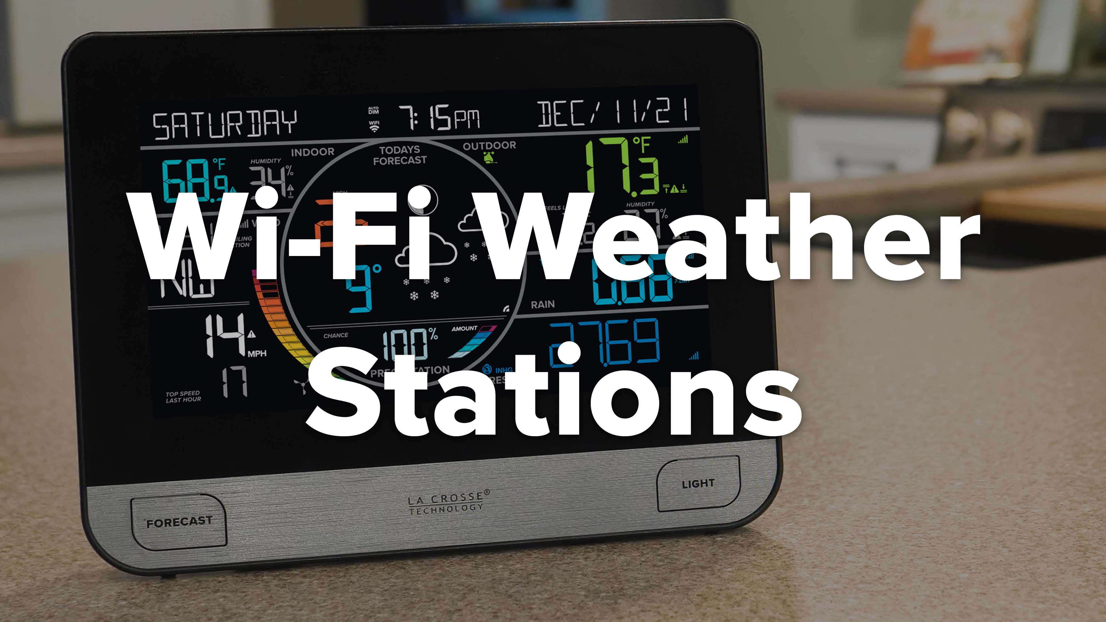 Weather station display with text: 
