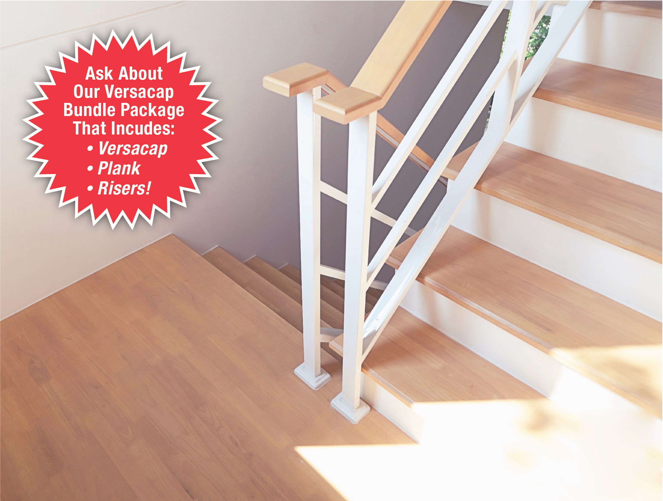 Staircase with wooden steps and railing, promotional text in the corner.
