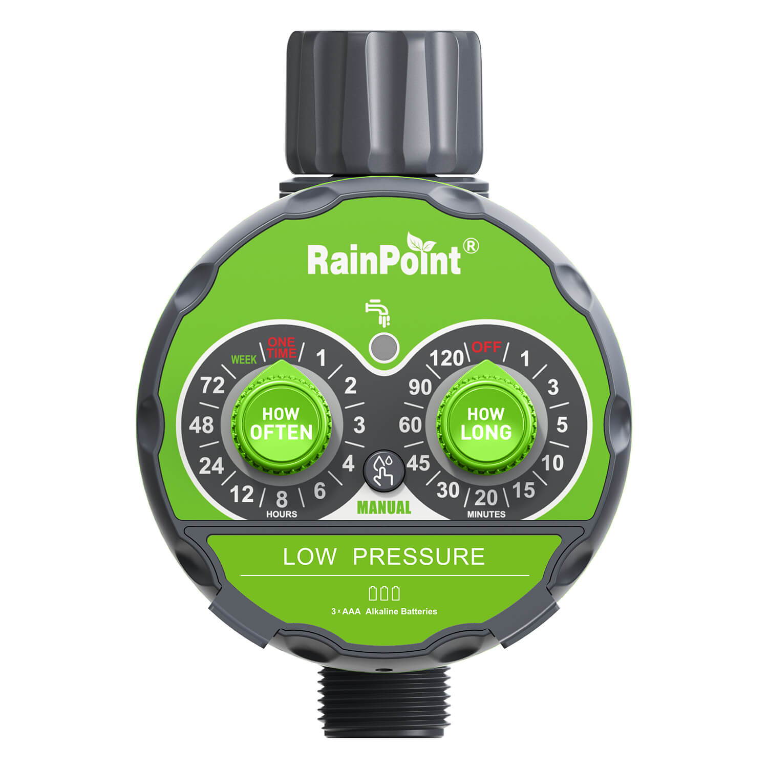 Green low pressure gauge with two dials labeled 