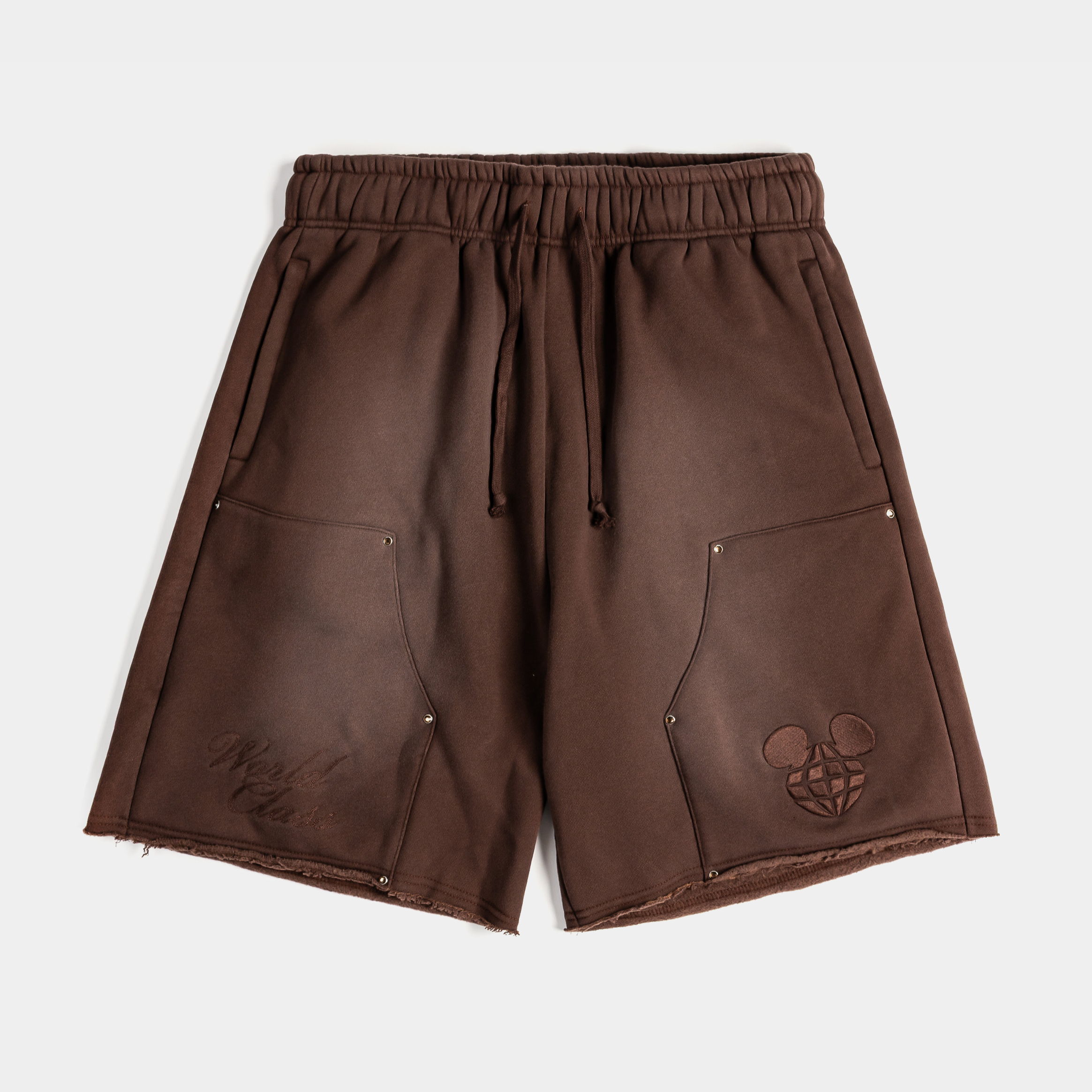 Brown shorts with pockets and drawstring.
