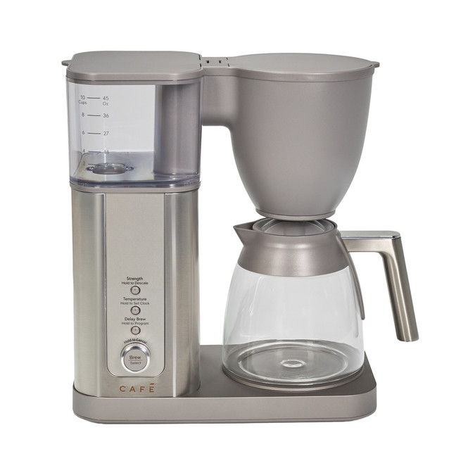 Coffee maker with a glass carafe and water reservoir.