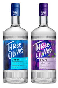 Two bottles of Three Olives vodka, one regular and one grape flavor.