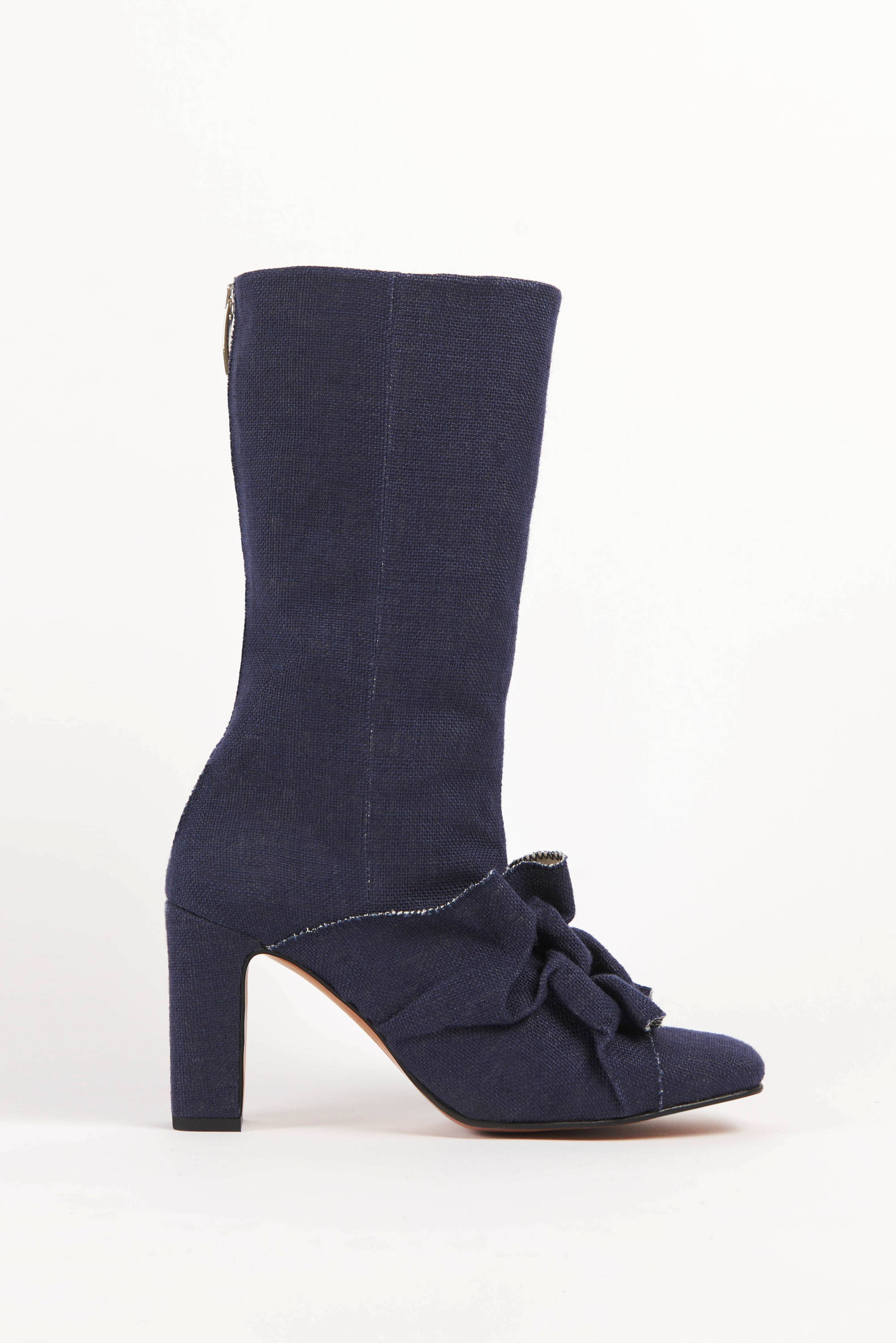 Vandrelaar Greta navy linen high-heel ankle boot made from sustainable vegan materials featuring canadian smocking detail and a silver zip