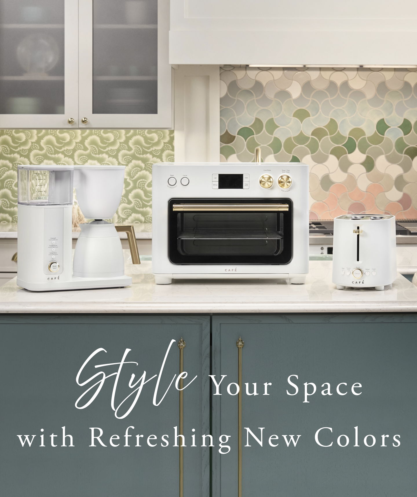 Kitchen appliances in white with a decorative background and stylish text overlay.