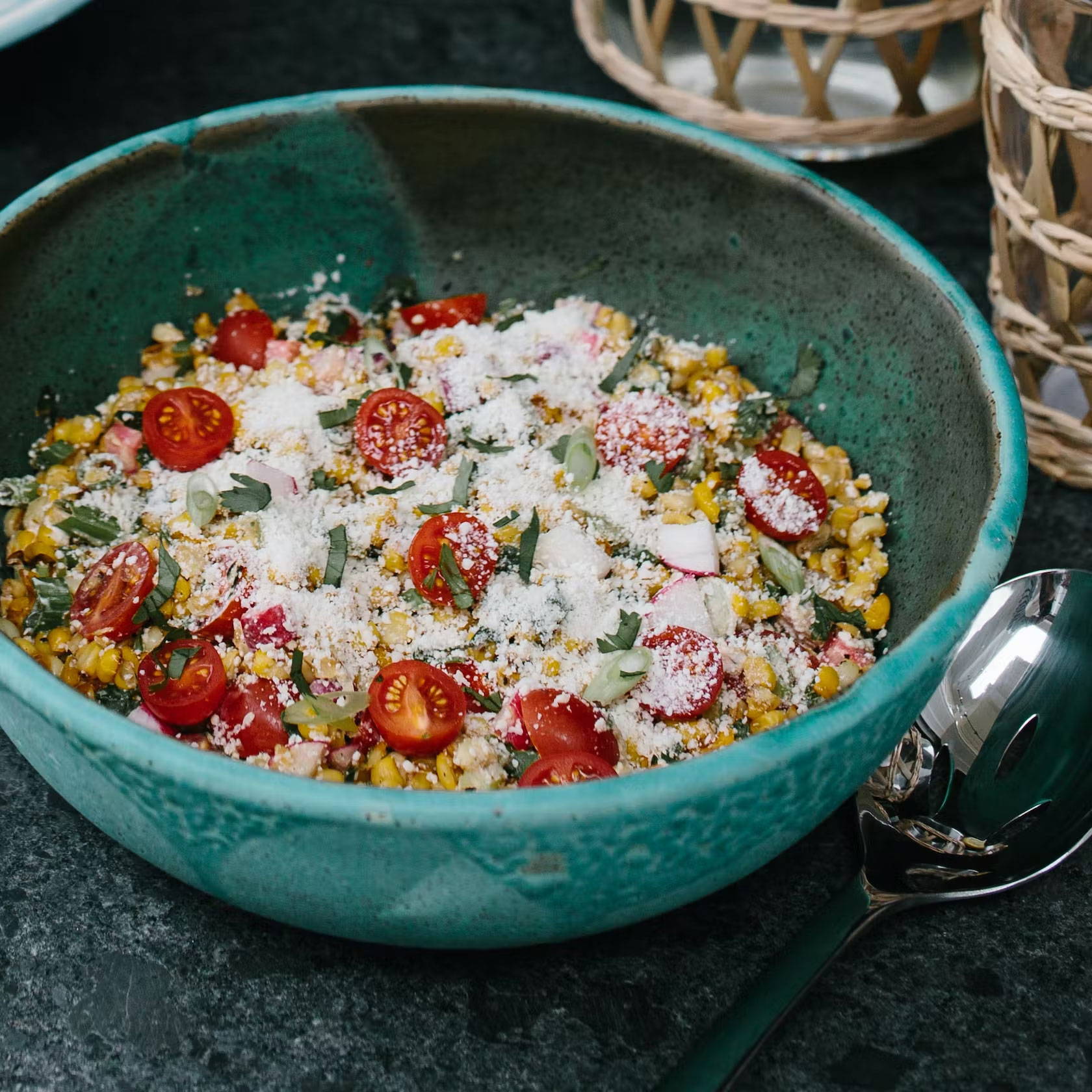 Charred Corn and Tomato Salad with Radishes and Cotija