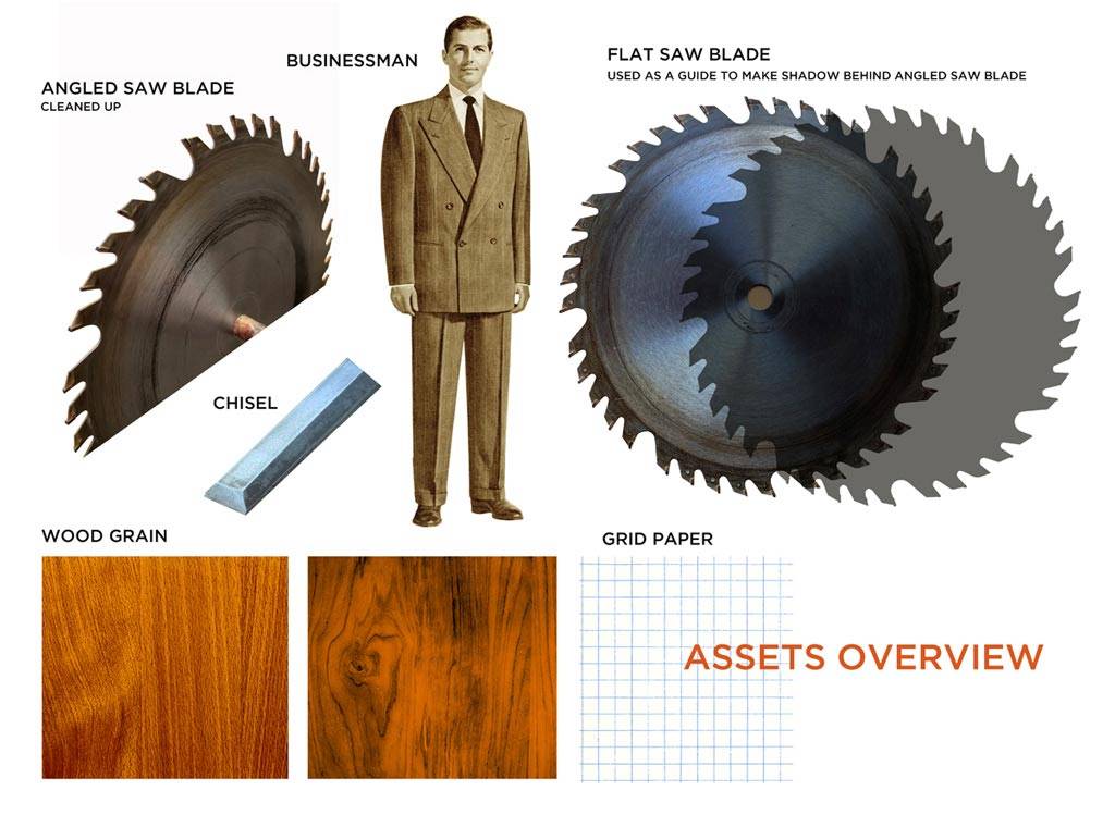 Editoral collage assets displayed on white background. Includes angled saw blade, businessman, flat saw blade, two wood grain images, and an image of grid paper.